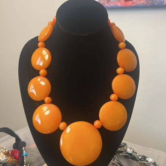 Vintage Lrg Bold Butterscotch Galalith Circle Art Deco French Statement Necklace - Picture 4 of 4